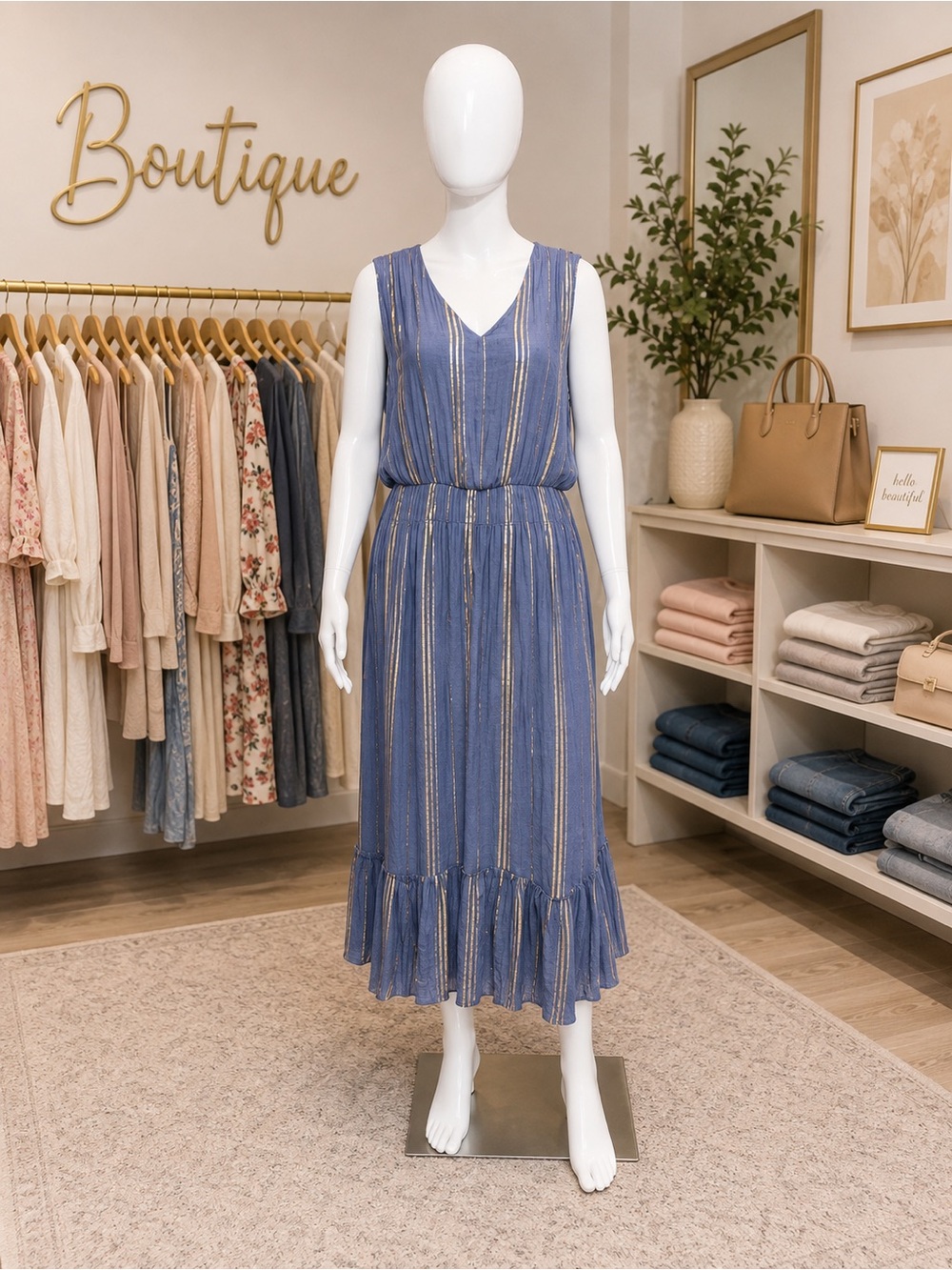 Luxology Blue Striped Sleeveless Maxi Dress with Ruffle Hem